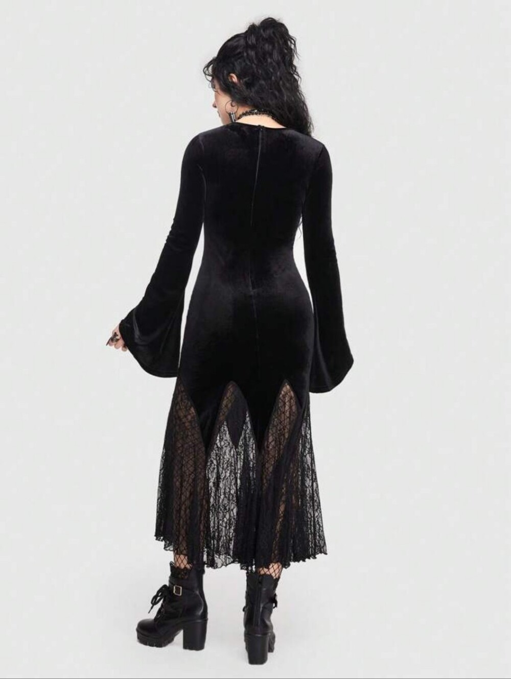 Goth Contrast Lace Trumpet Sleeve Mermaid Hem Velvet Size Small Black Whimsigoth